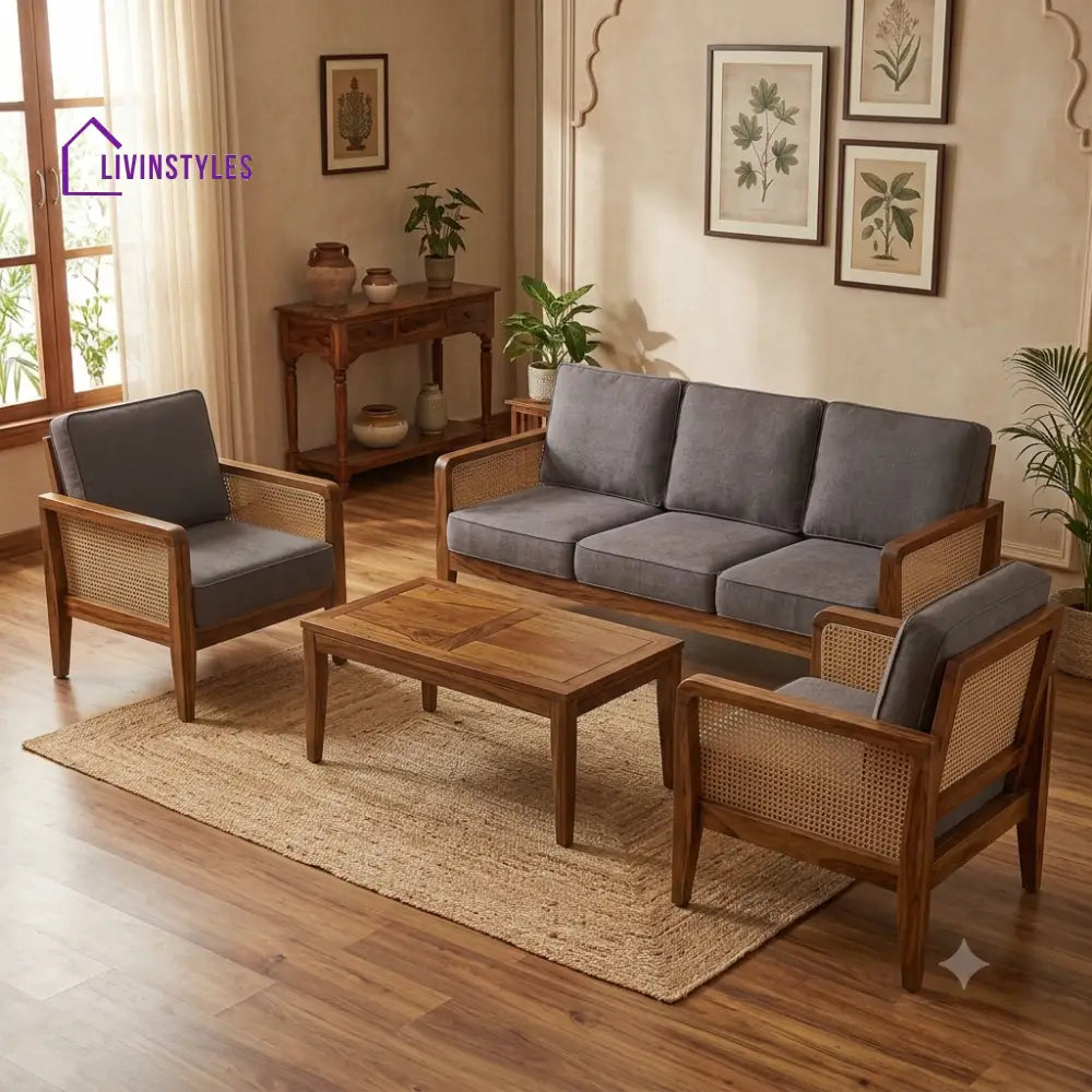 Shruthi Wooden Sofa Set | 3 + 1 + 1 Sheesham Wood Sofa Set for Living Room