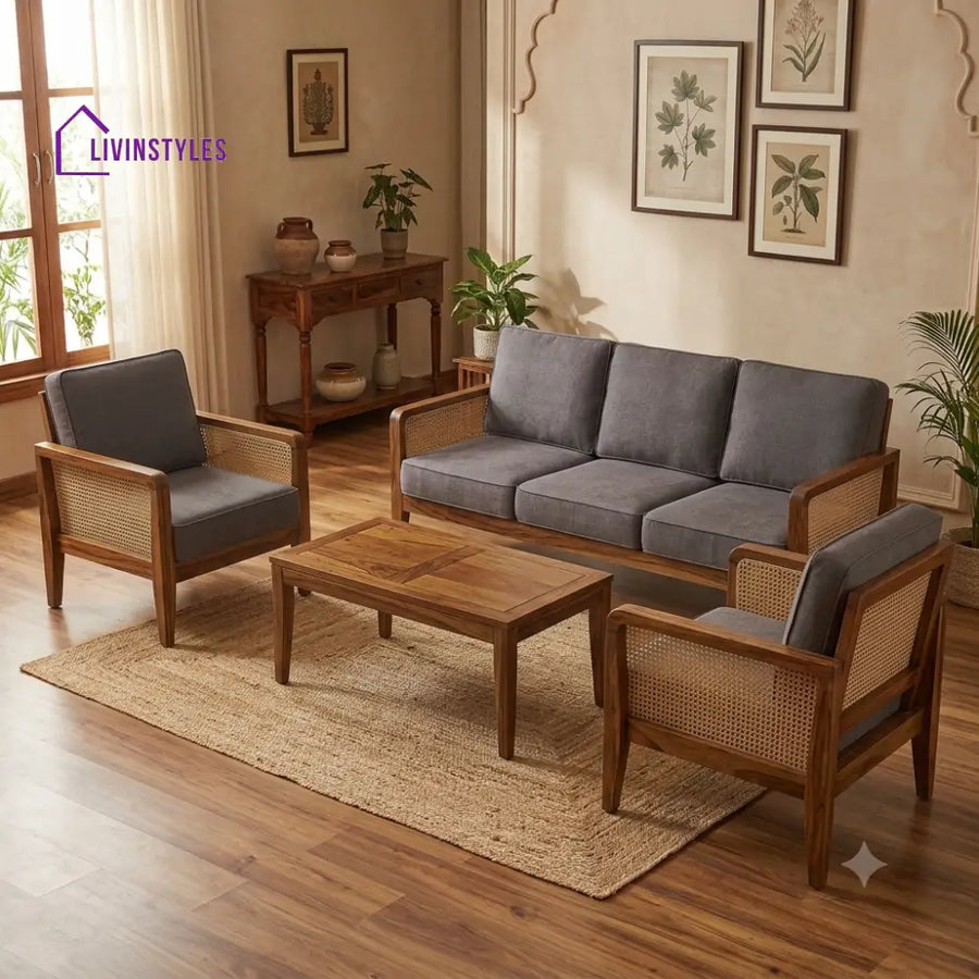 Shruthi Wooden Sofa Set | 3 + 1 + 1 Sheesham Wood Sofa Set for Living Room