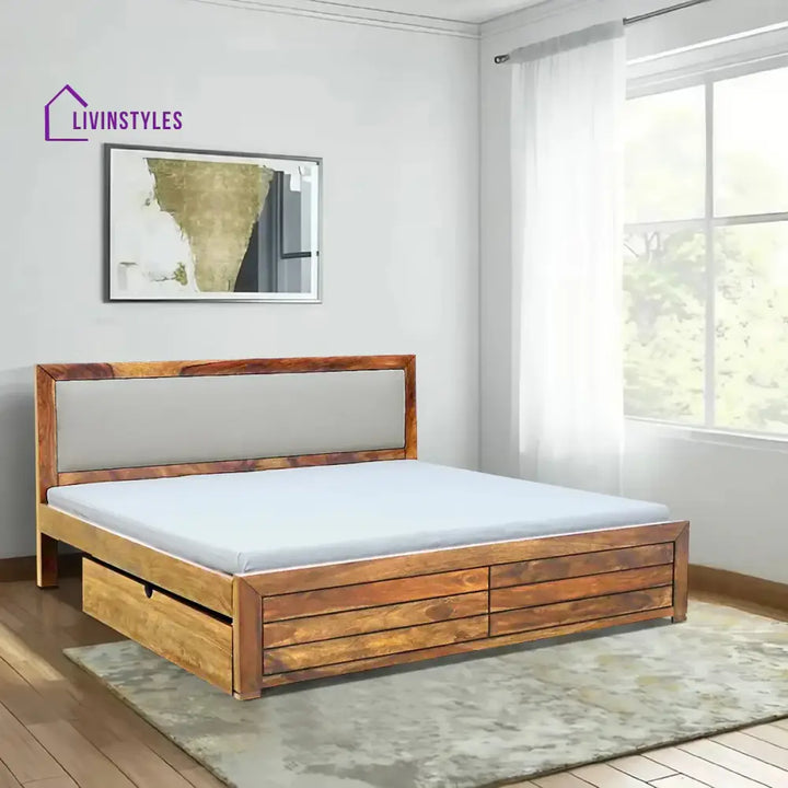Moscow Solid Wood Drawer Storage Beds Queen / Natural Bedroom Furniture Sets