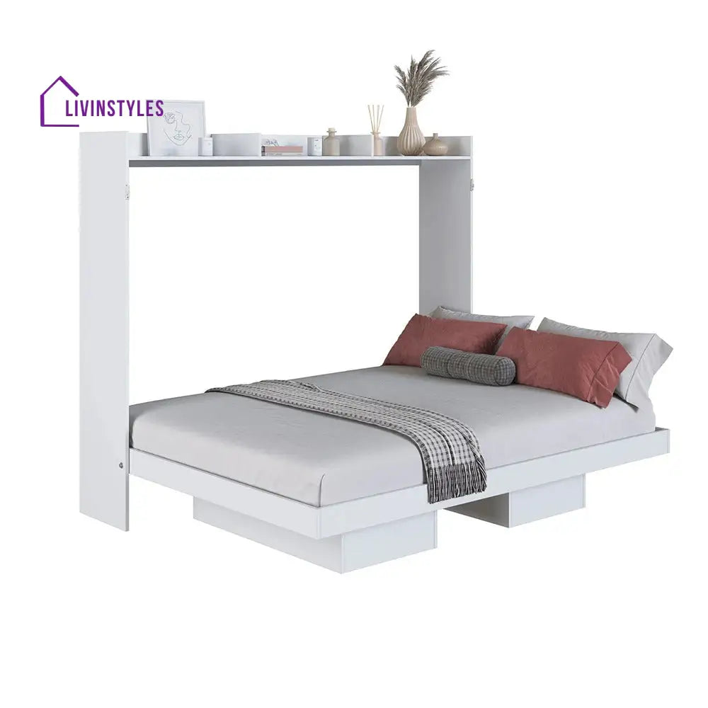 Shura White Finish Wall Mounted Bed with Shelves