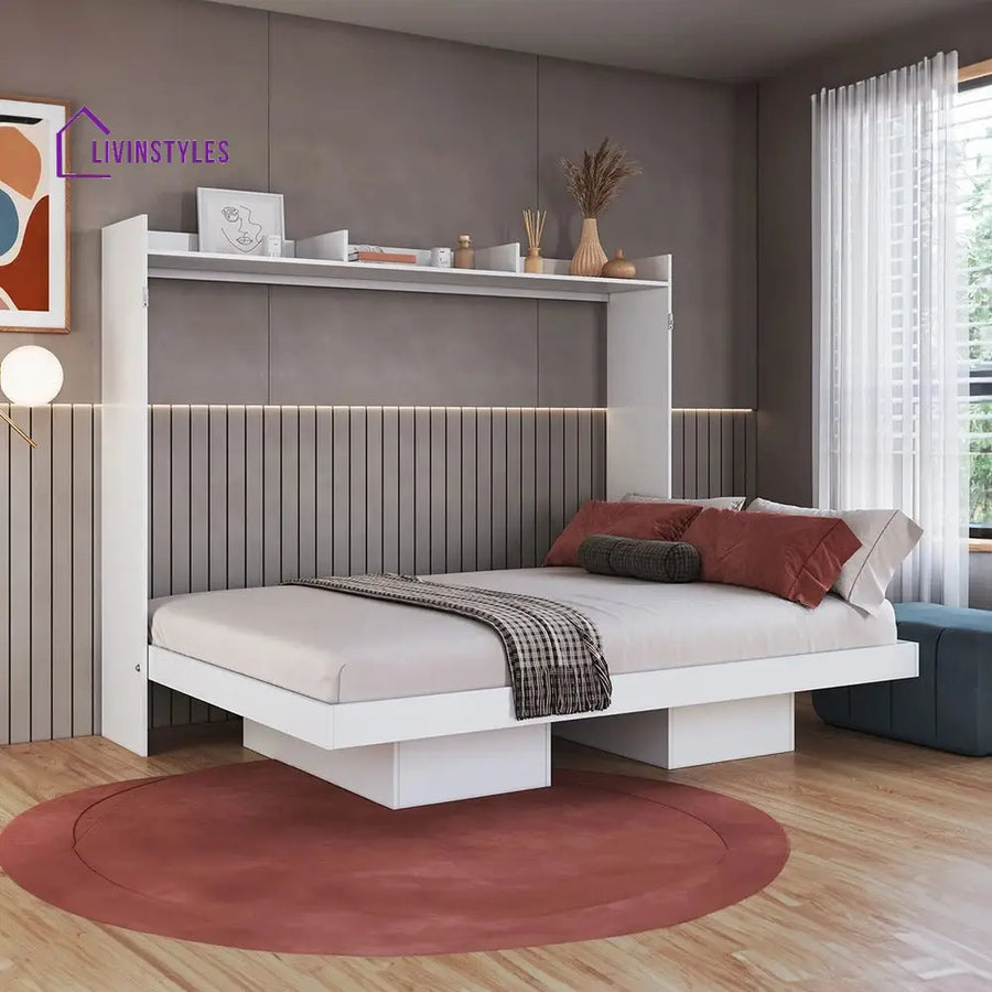 Shura White Finish Wall Mounted Bed with Shelves