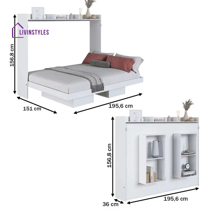 Shura White Finish Wall Mounted Bed with Shelves