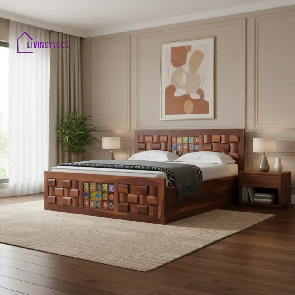 Siddharth Sheesham Wood Bed With Side Drawer Storage (Honey Finish)