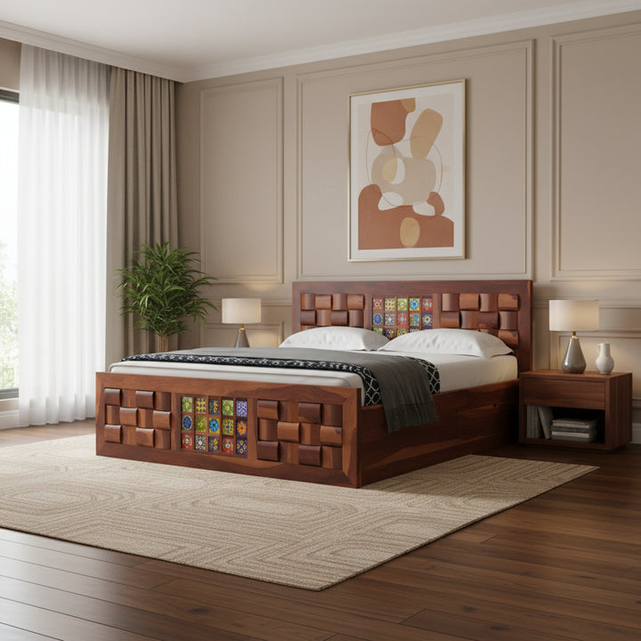 Siddharth Sheesham Wood Bed With Side Drawer Storage (Honey Finish)