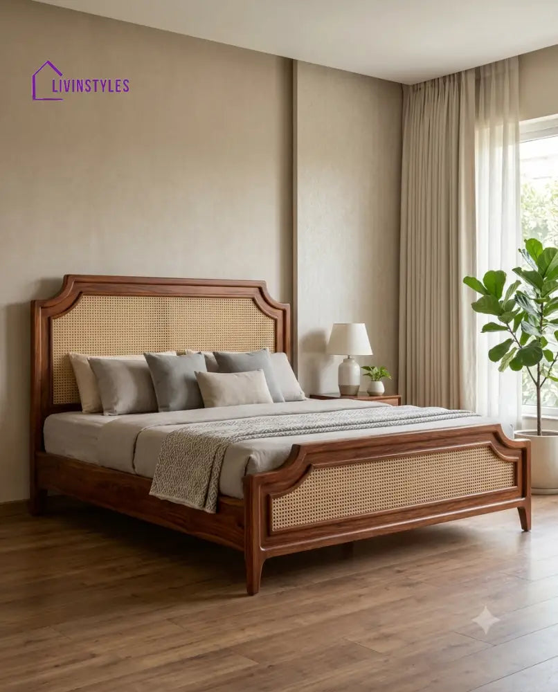 Siddharth Wooden Bed with Cane Weaving Headboard Design | Bed without Storage