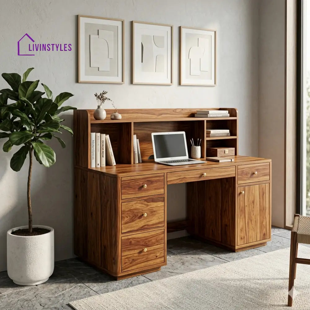 Signature Modern Indian Solid Sheesham Study Desk with Integrated Hutch