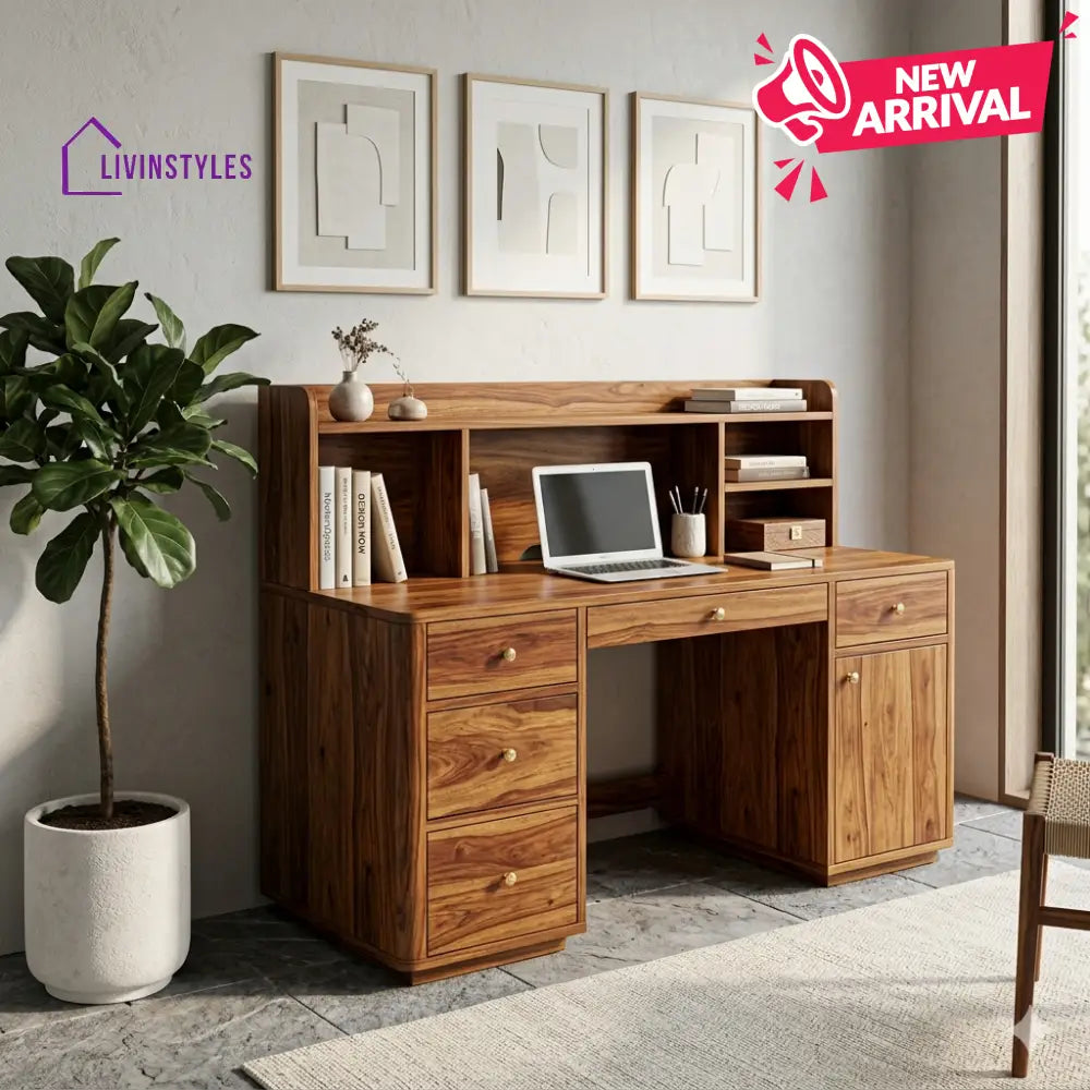 Signature Modern Indian Solid Sheesham Study Desk with Integrated Hutch