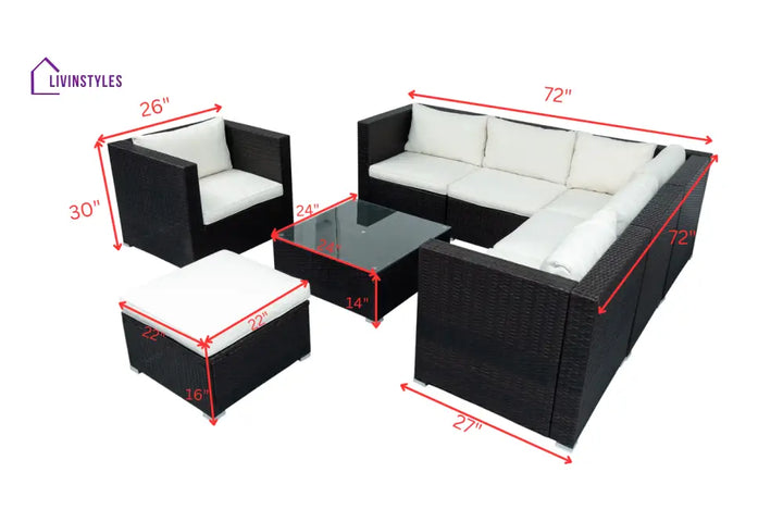 Silas Outdoor Garden Balcony Sofa Set 5 Seater Single seater With 1 Ottoman and 1 Center Table Set (Black + White)