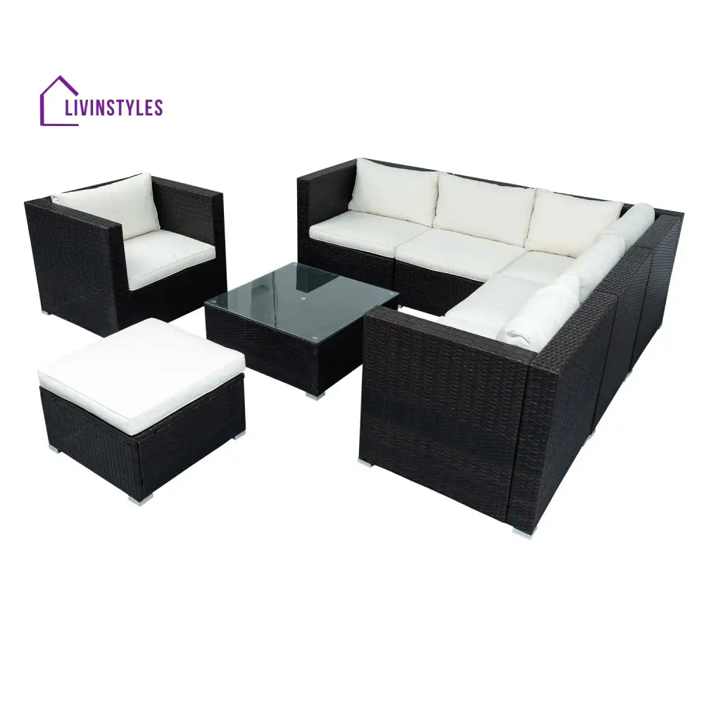 Silas Outdoor Garden Balcony Sofa Set 5 Seater Single seater With 1 Ottoman and 1 Center Table Set (Black + White)