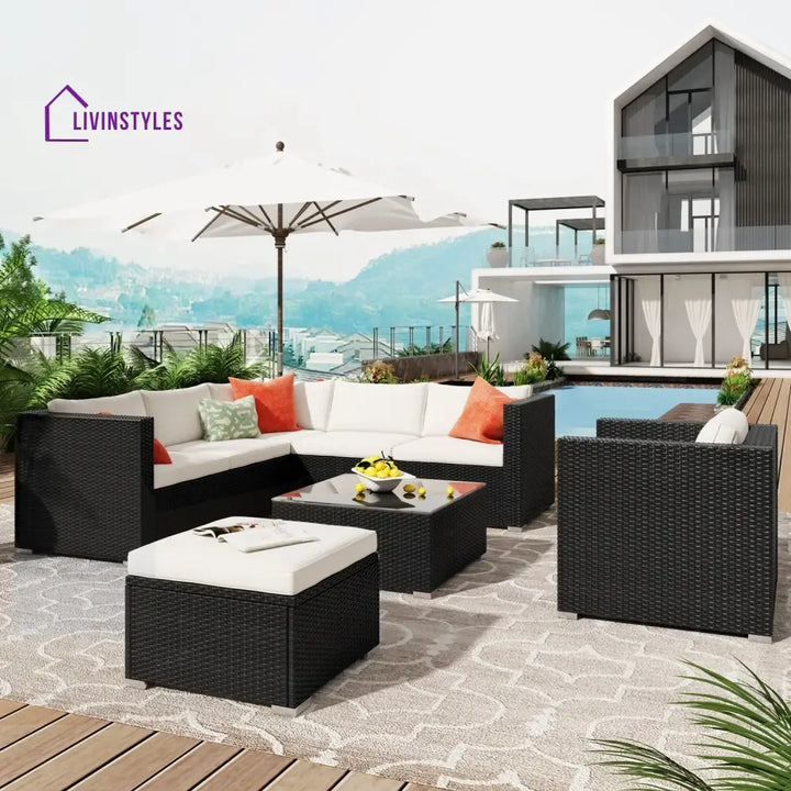 Silas Outdoor Garden Balcony Sofa Set 5 Seater Single seater With 1 Ottoman and 1 Center Table Set (Black + White)