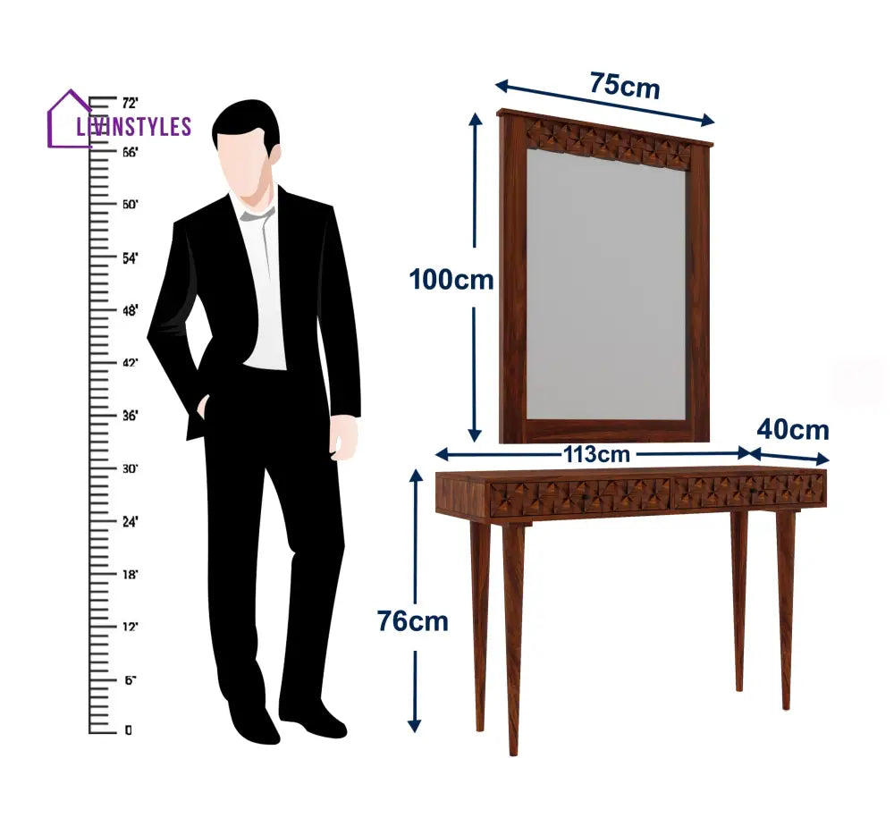 Silvia Solid Sheesham Wood Console With Mirror Dresser