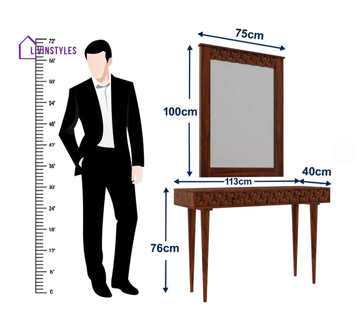 Silvia Solid Sheesham Wood Console With Mirror Dresser
