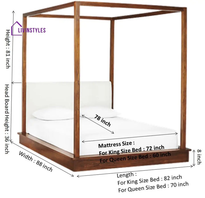 Silvia Solid Sheesham Wood Platfrom Poster Bed with upholstered Headboard Bed