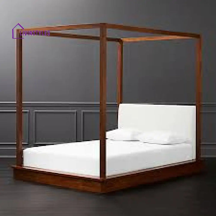 Silvia Solid Sheesham Wood Platfrom Poster Bed with upholstered Headboard Bed