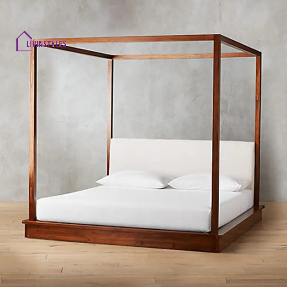 Silvia Solid Sheesham Wood Platfrom Poster Bed with upholstered Headboard King Size:(Inner Size - 6 ft Wide x 6.5 ft