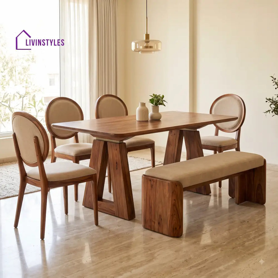 Simisola Wooden 6 Seater Dining Table Set | 4 Chairs and 1 Bench | Table 72 X 36 X 30 Inch