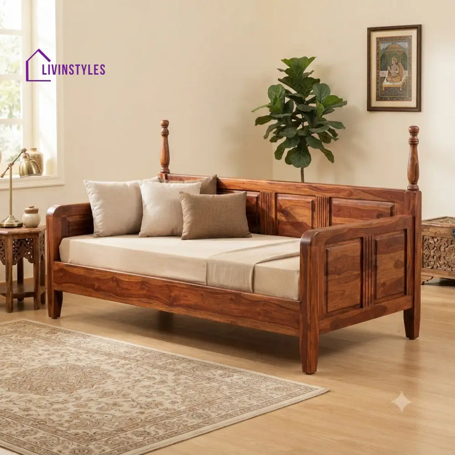 Simon Wooden Divan Bed for Living Room | Solid Sheesham Wood