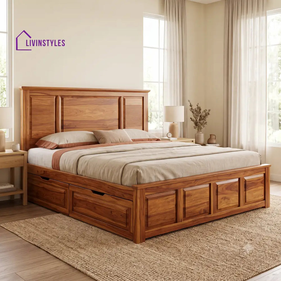 Simone Premium Wooden Bed with Drawer Storage | King Size Bed & Queen Size Bed Online