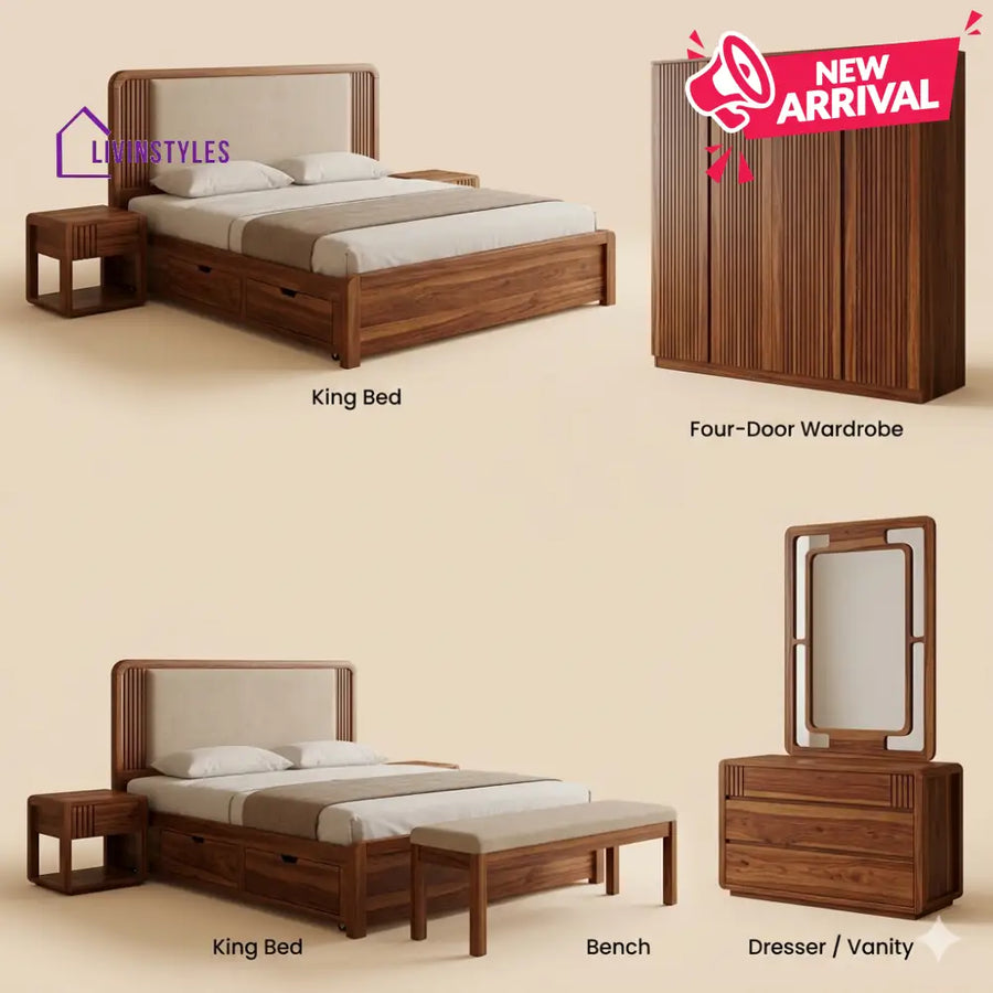 Simran Solid Sheesham Wood Bedroom Set with Bed Bedside Tables Bench Wardrobe & Dresser