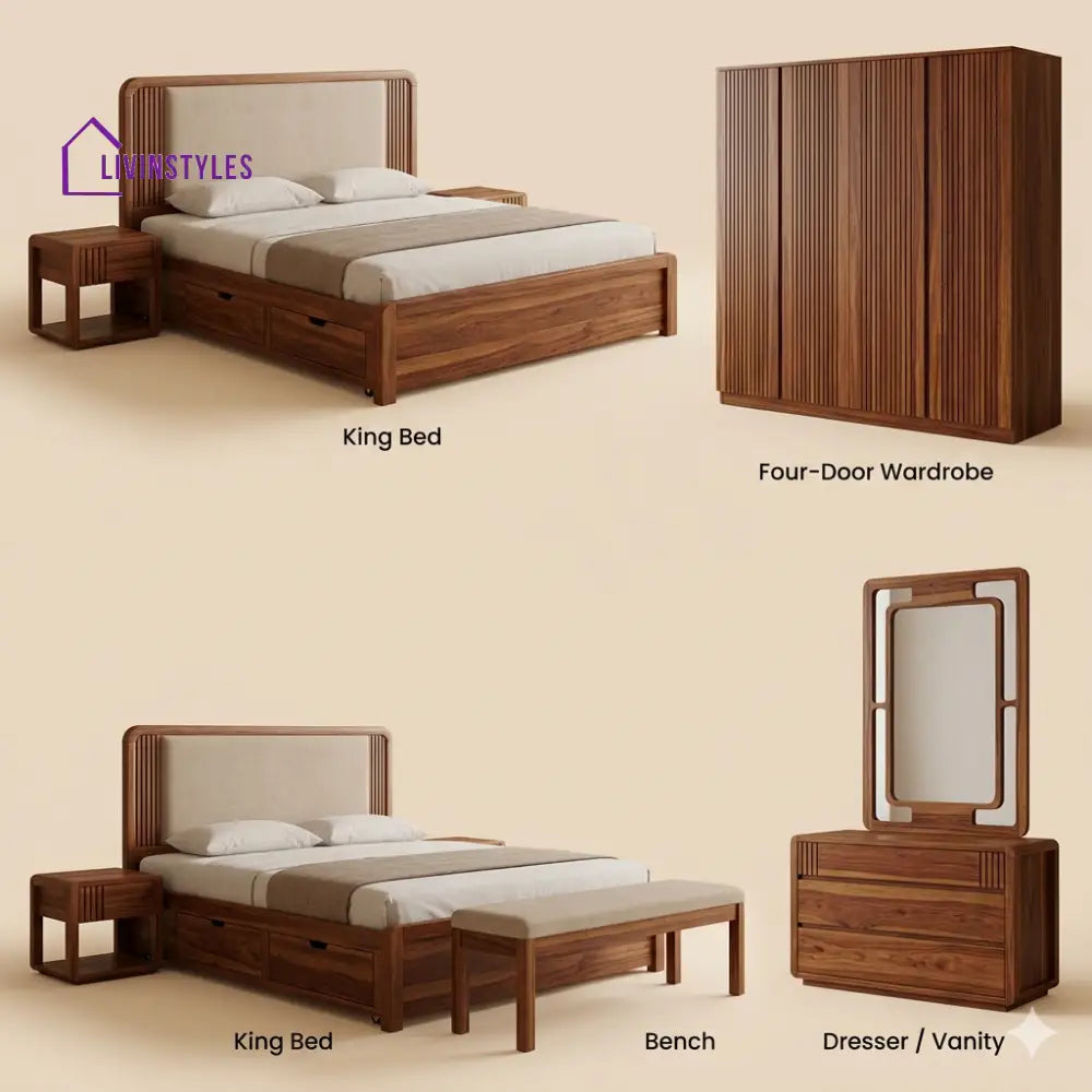 Simran Solid Sheesham Wood Bedroom Set with Bed Bedside Tables Bench Wardrobe & Dresser