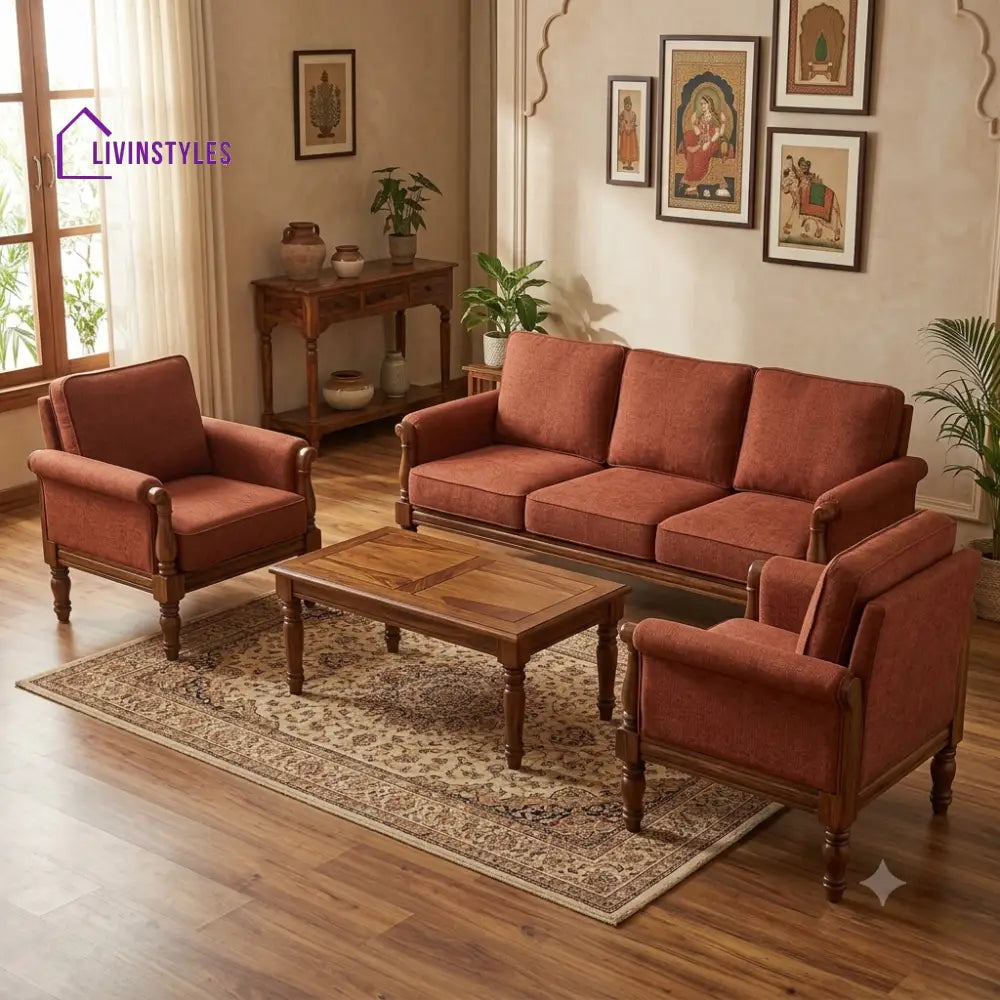 Sindhu Wooden Sofa Set | 3 + 1 + 1 Sheesham Wood Sofa Set for Living Room