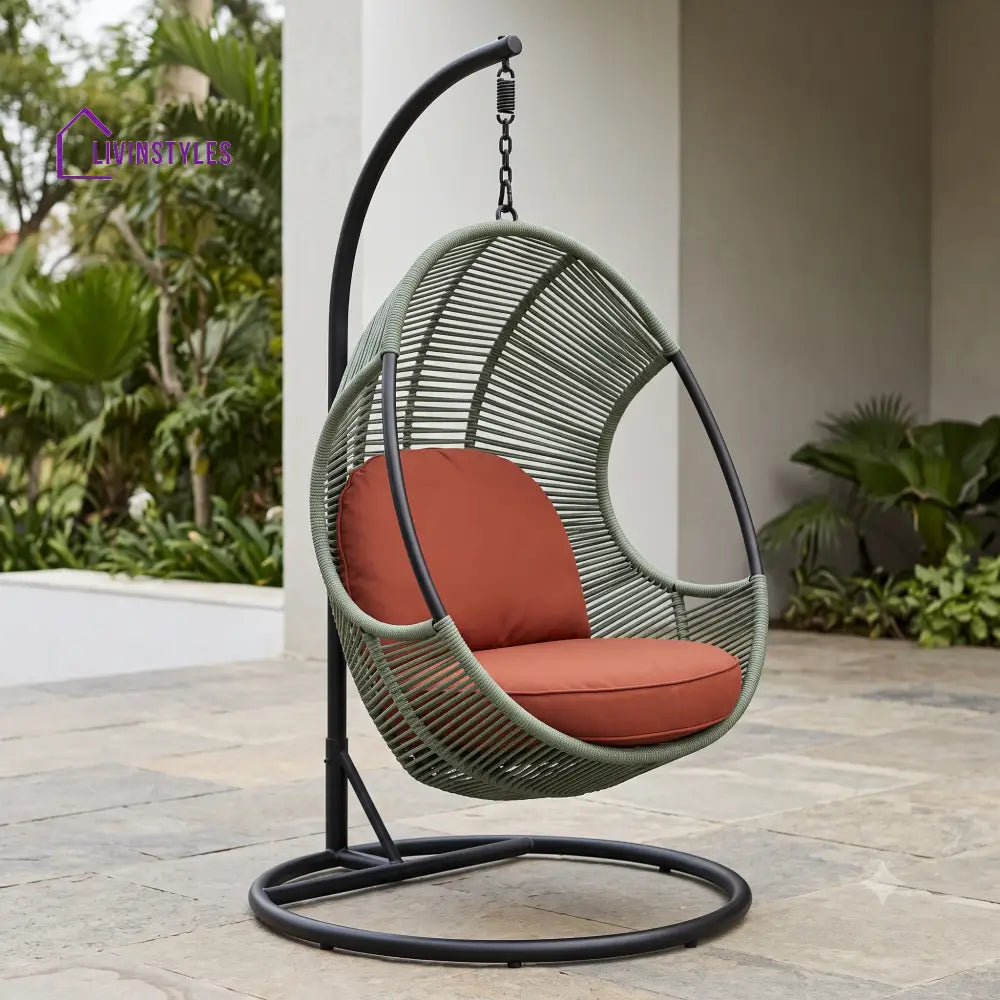 Single Seater Metal Frame Swing Chair With Stand and Rope Weaving