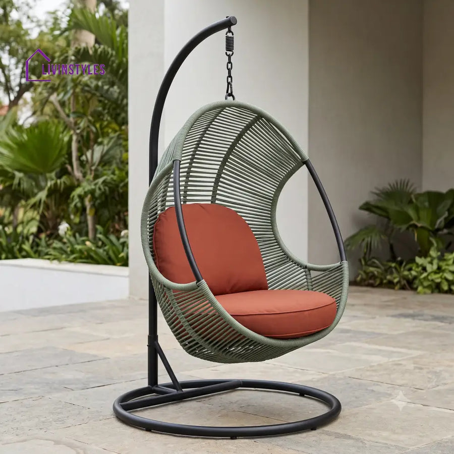 Single Seater Metal Frame Swing Chair With Stand and Rope Weaving