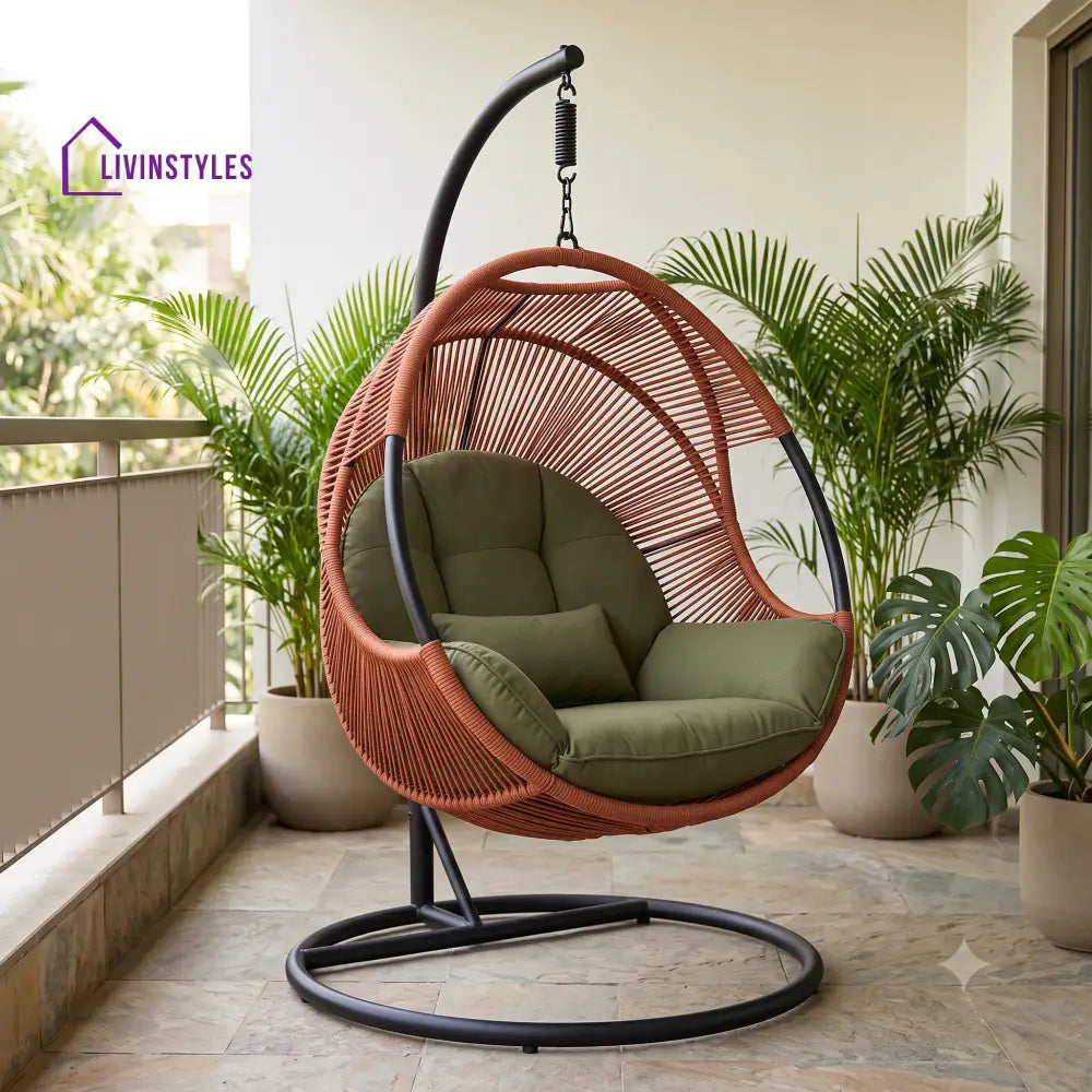 Single Seater Metal Frame Swing Chair With Stand And Rope Woven Seat