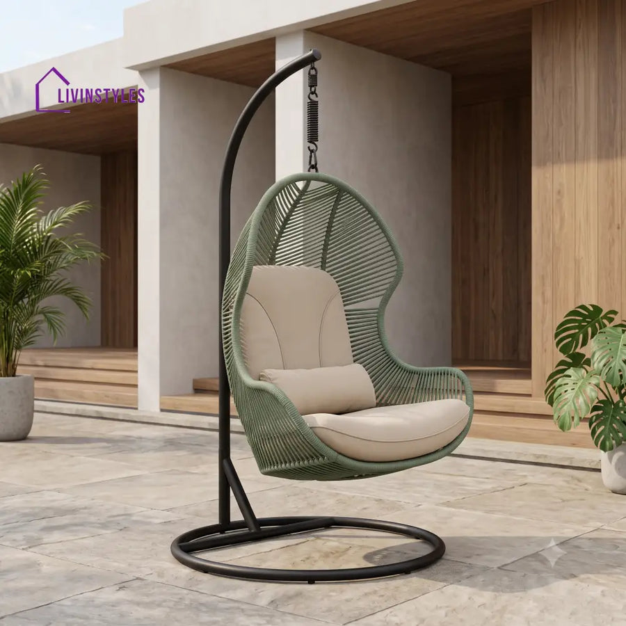 Single Seater Metal Frame Swing Chair With Stand And Woven Rope Seat
