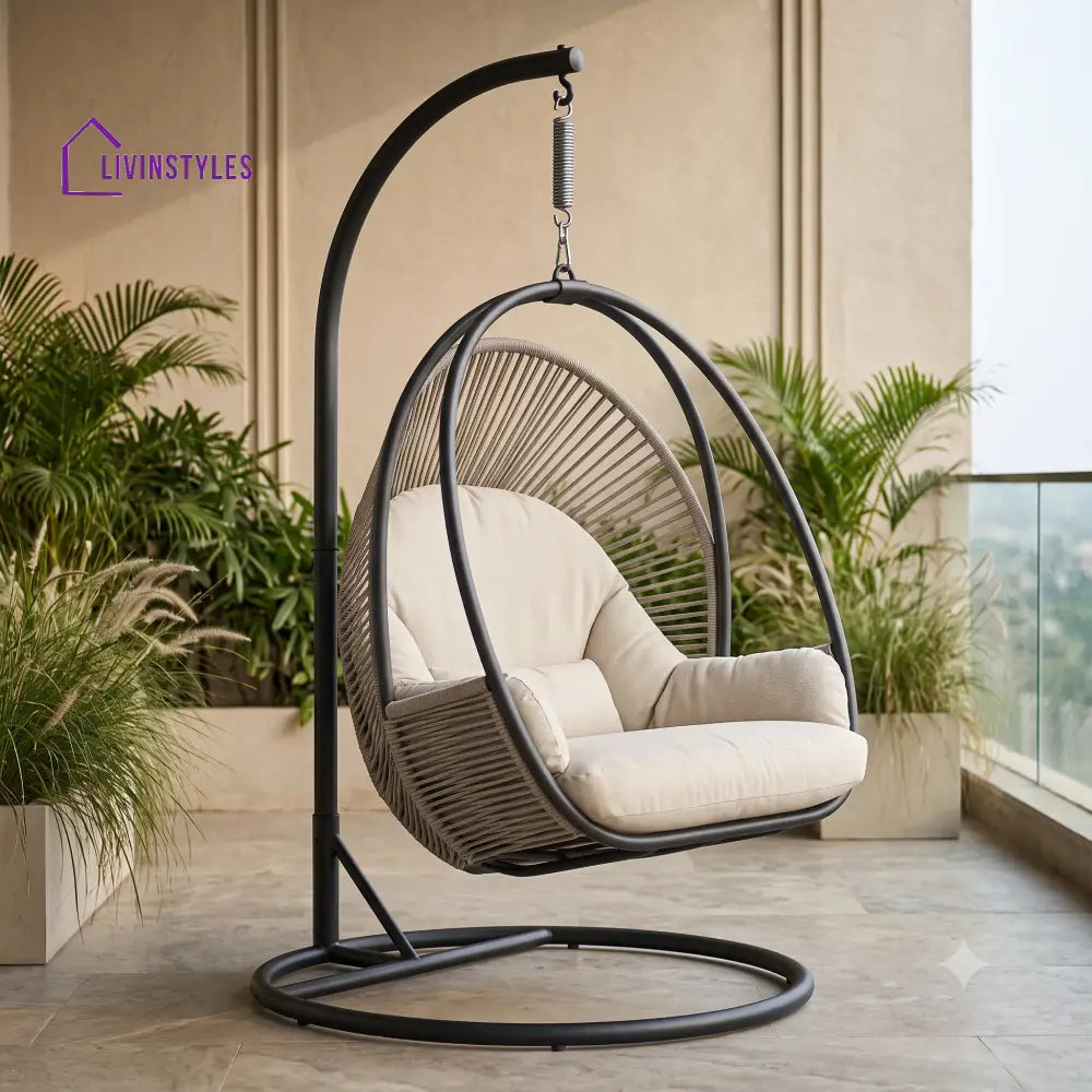 Single Seater Metal Frame Swing Chair With Stand And Woven Rope Seating