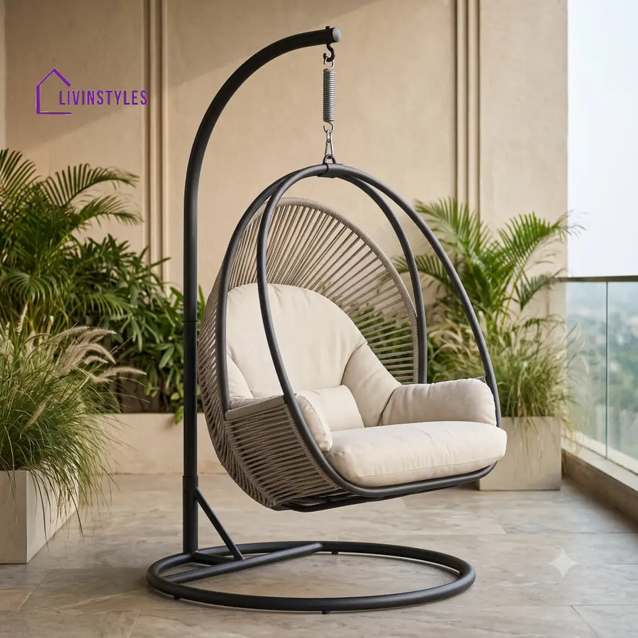 Single Seater Metal Frame Swing Chair With Stand And Woven Rope Seating