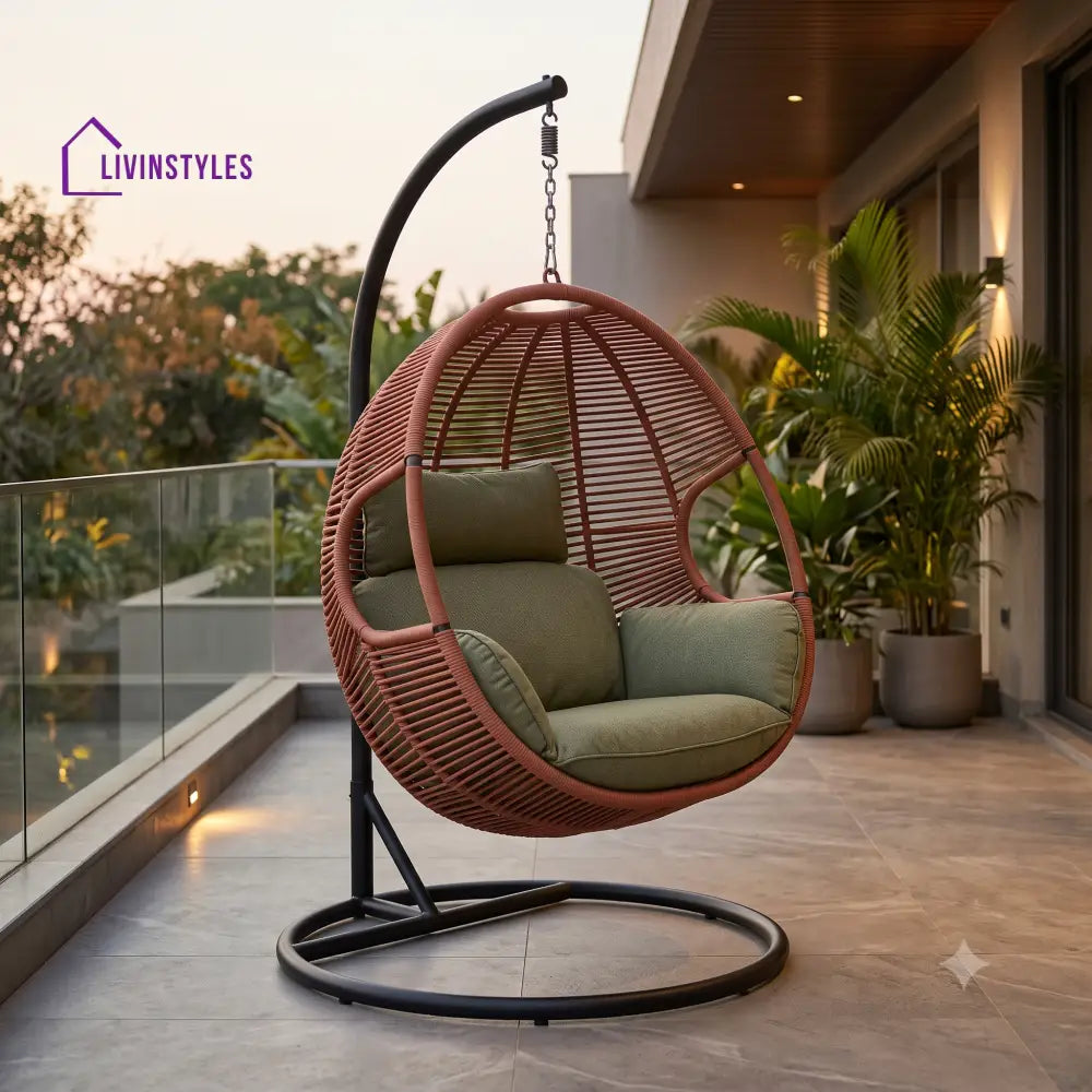 Single Seater Metal Swing Chair With Stand And Woven Rope Seating