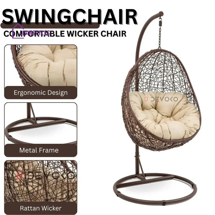 Single Seater Rattan & Wicker Swing (Brown & Cream) - Swing