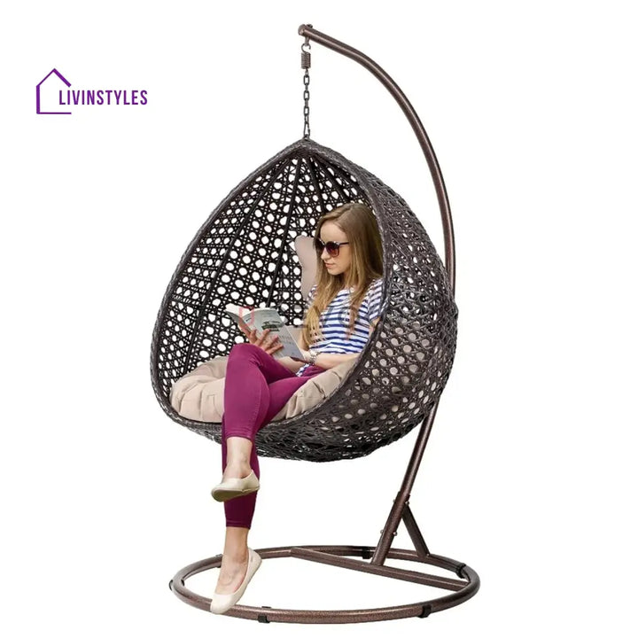 Single Seater Rattan & Wicker Swing (Dark Brown and Cream) Swing