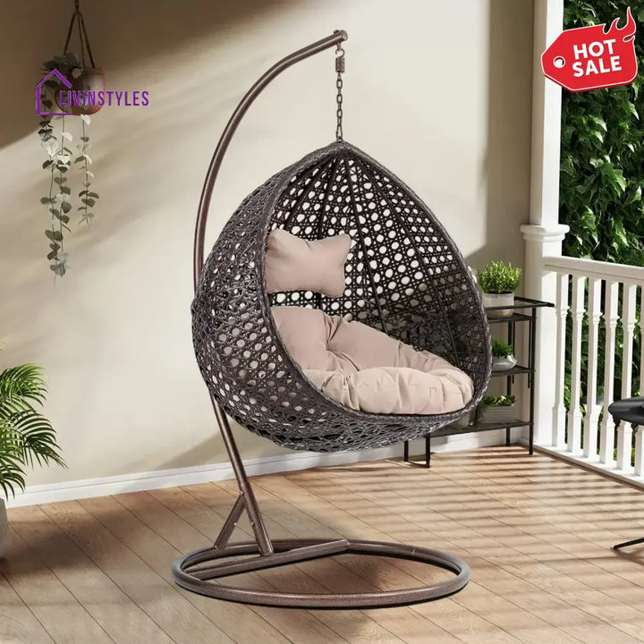 Single Seater Rattan & Wicker Swing (Dark Brown and Cream) Swing