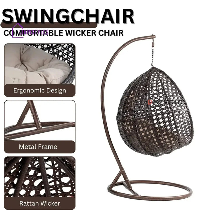 Single Seater Rattan & Wicker Swing (Dark Brown and Cream) Swing