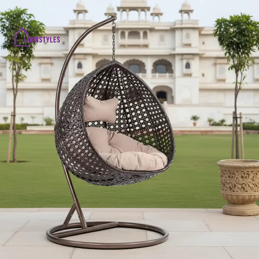 Single Seater Rattan & Wicker Swing (Dark Brown and Cream) Swing