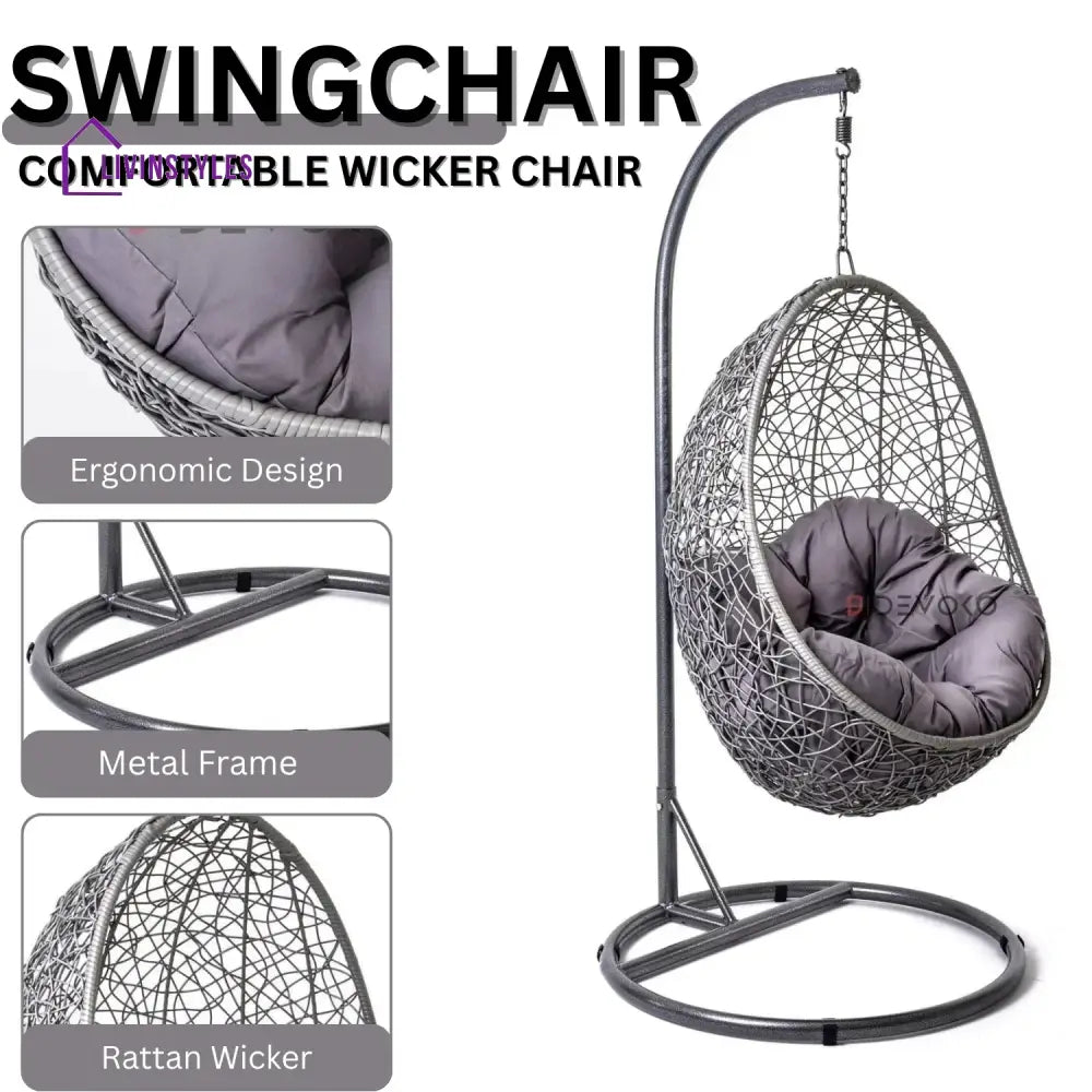 Single Seater Rattan & Wicker Swing (Grey) - Swing
