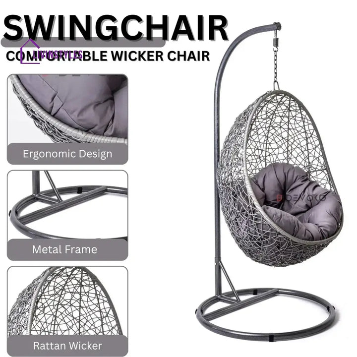 Single Seater Rattan & Wicker Swing (Grey) - Swing