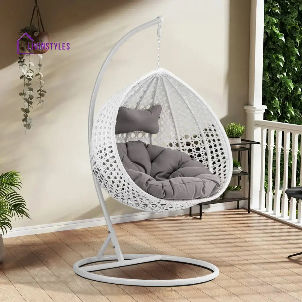Single Seater Rattan & Wicker Swing (White & Grey) Swing