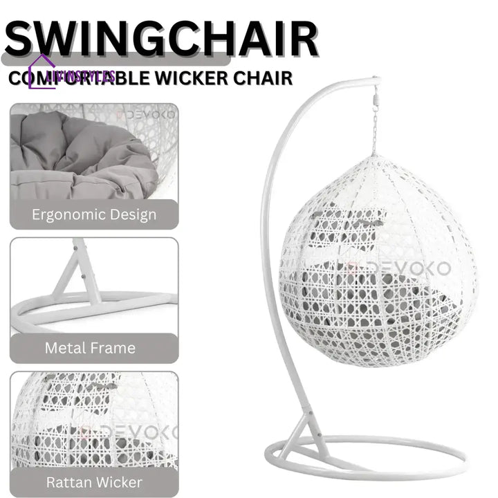 Single Seater Rattan & Wicker Swing (White & Grey) Swing