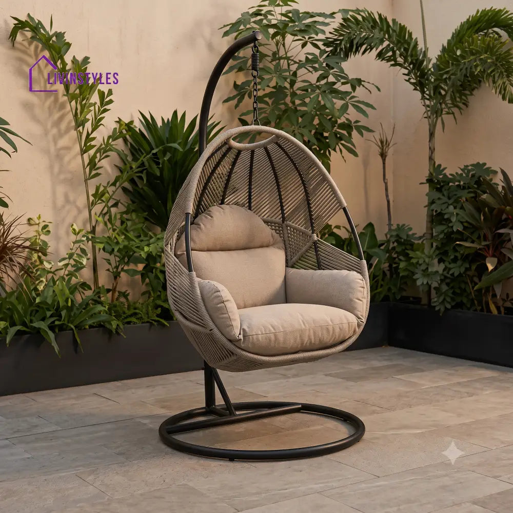 Single Seater Rope Woven Swing Chair With Powder Coated Metal Stand