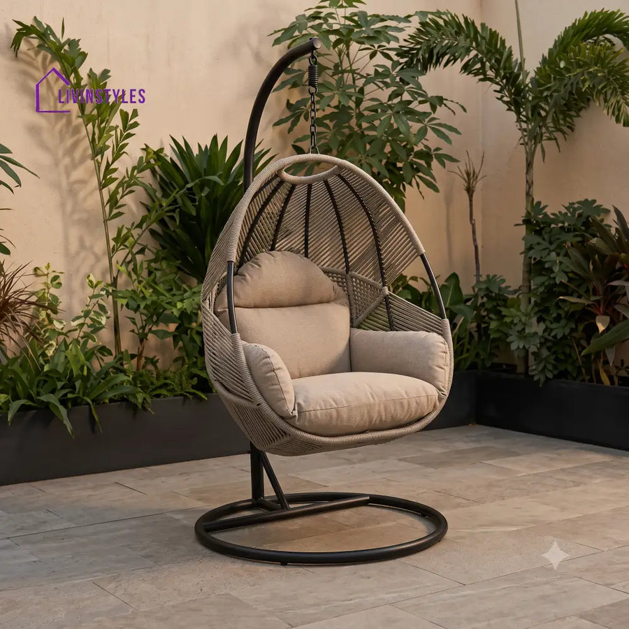 Single Seater Rope Woven Swing Chair With Powder Coated Metal Stand