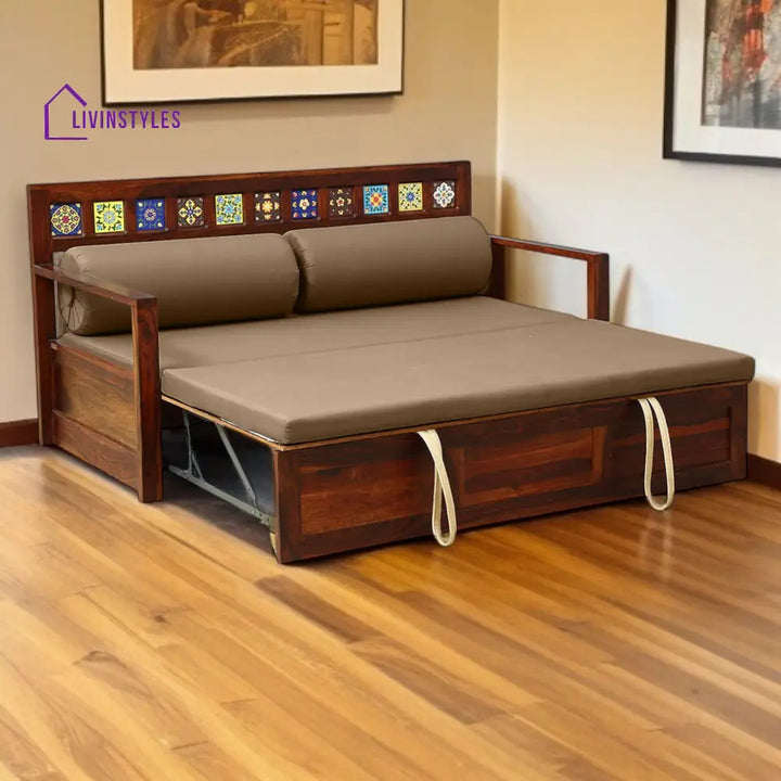 Siramika Sheesham Wood Pull Out Sofa Cum Bed In Honey Oak Finish