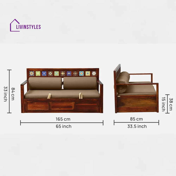 Siramika Sheesham Wood Pull Out Sofa Cum Bed In Honey Oak Finish