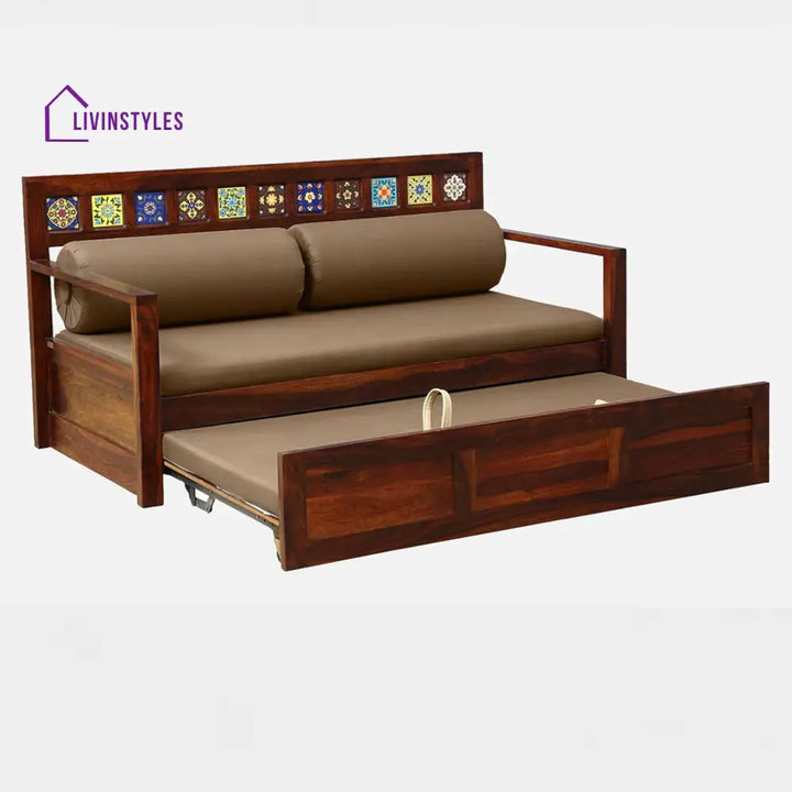 Siramika Sheesham Wood Pull Out Sofa Cum Bed In Honey Oak Finish