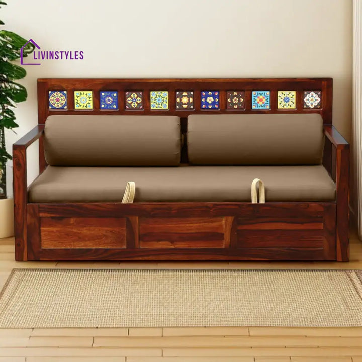 Siramika Sheesham Wood Pull Out Sofa Cum Bed In Honey Oak Finish