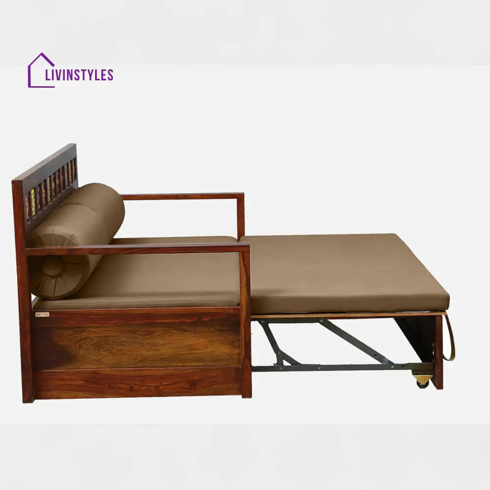 Siramika Sheesham Wood Pull Out Sofa Cum Bed In Honey Oak Finish
