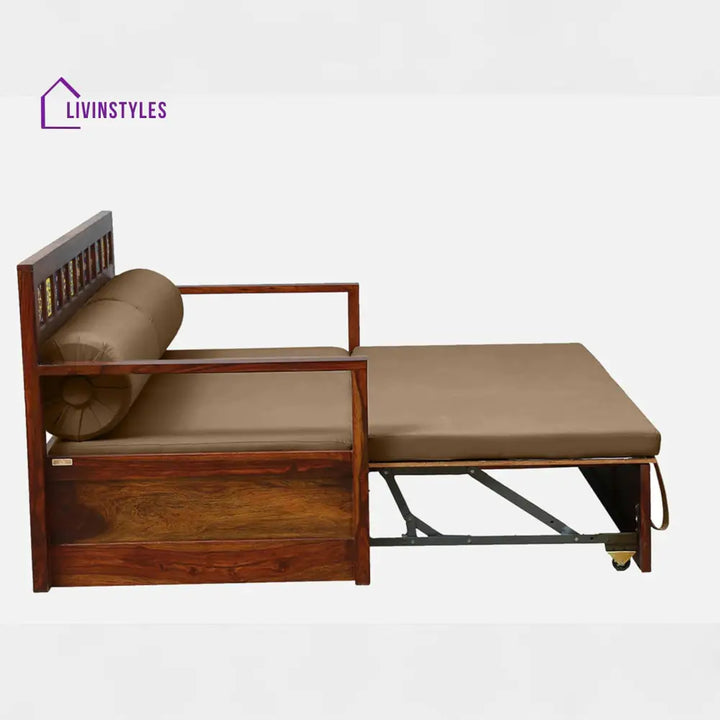Siramika Sheesham Wood Pull Out Sofa Cum Bed In Honey Oak Finish