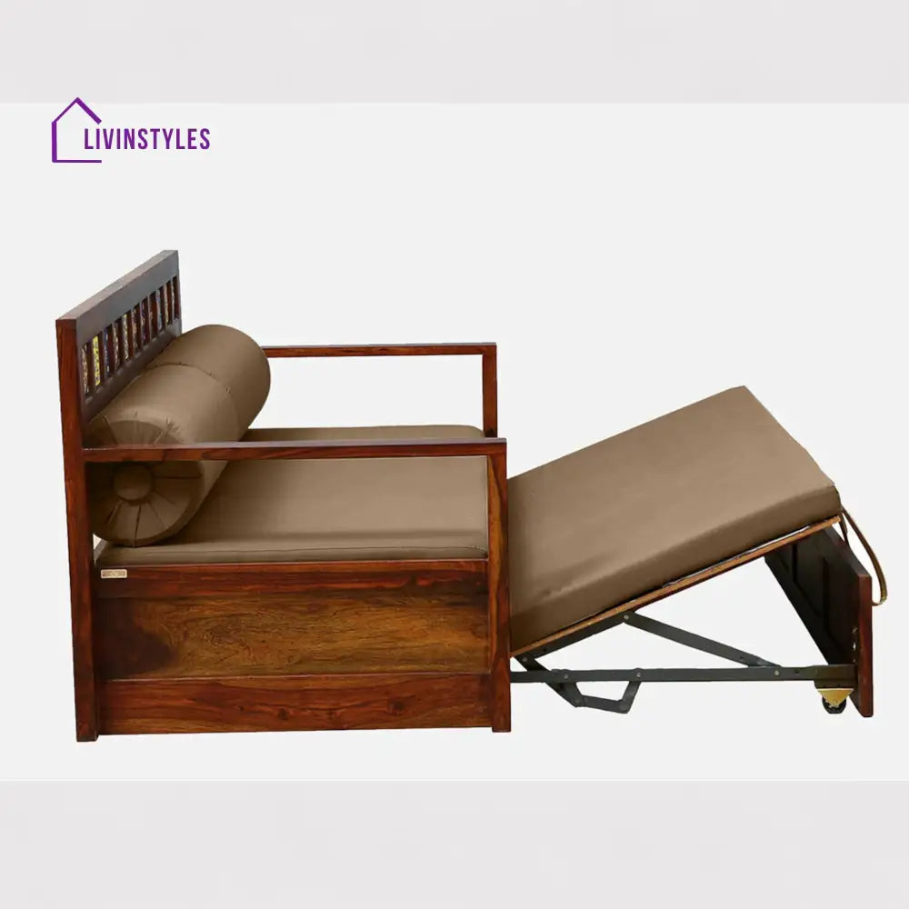 Siramika Sheesham Wood Pull Out Sofa Cum Bed In Honey Oak Finish